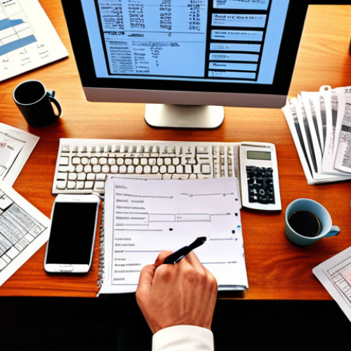 Home 6 A professional tax advisor, focused yet slightly overwhelmed, at a cluttered desk overflowing with diverse, messy client documents – crumpled receipts, handwritten notes, and various digital screens showing complex, abstract data. Behind them, a pristine, almost ethereal academic textbook illustration of neat tax code diagrams contrasts sharply with the chaotic, human-centric reality of the foreground. The scene emphasizes the struggle and triumph of applying theoretical knowledge to unpredictable real-world client situations, capturing the "abstract art" of financial records and the unpredictable nature of human behavior. Realistic, detailed, warm and slightly anxious lighting.