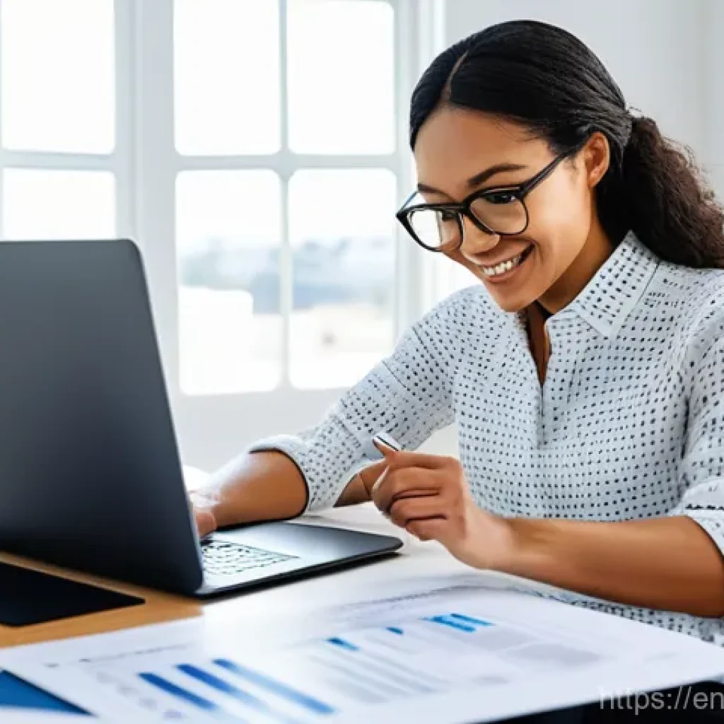 세무사와 프리랜서 세금 신고 - **Prompt:** A diverse female freelance graphic designer, in her late 20s, sits at a modern, minimali...