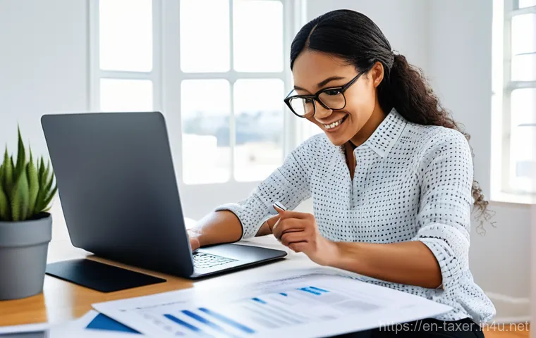 세무사와 프리랜서 세금 신고 - **Prompt:** A diverse female freelance graphic designer, in her late 20s, sits at a modern, minimali...