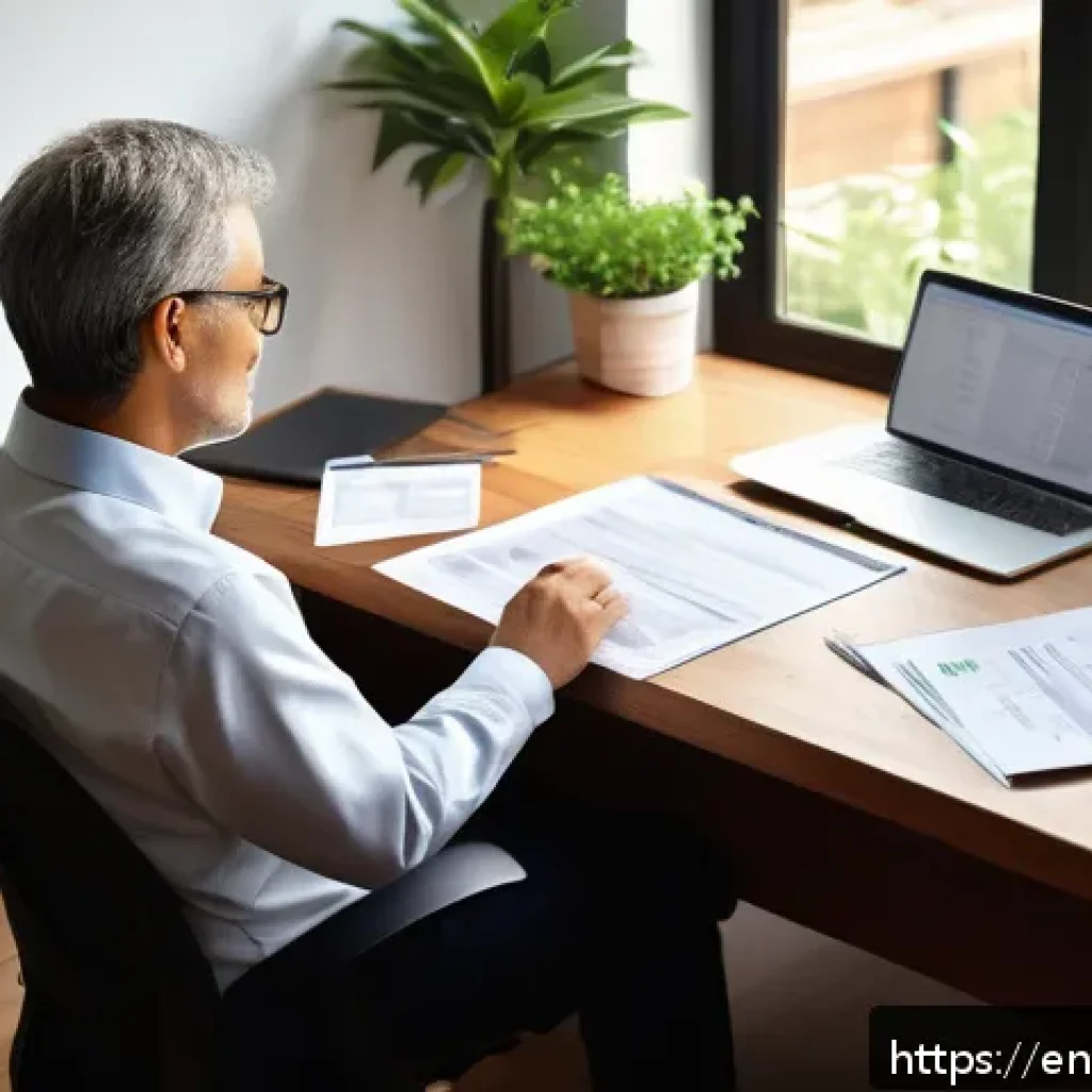 세무사와 세금 환급 서비스 - A cozy home office scene with a middle-aged self-employed professional organizing tax documents and ...