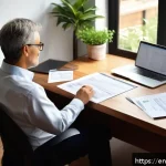 세무사와 세금 환급 서비스 - A cozy home office scene with a middle-aged self-employed professional organizing tax documents and ...