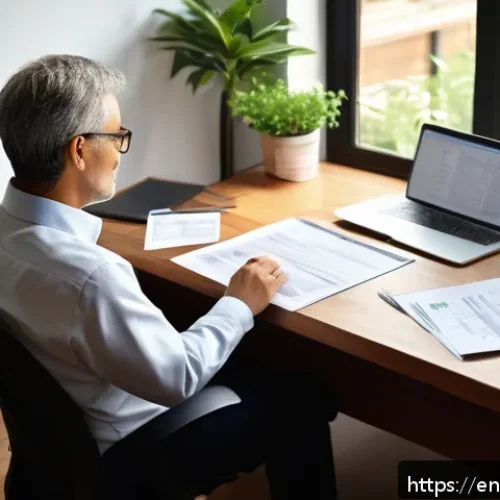 세무사와 세금 환급 서비스 - A cozy home office scene with a middle-aged self-employed professional organizing tax documents and ...