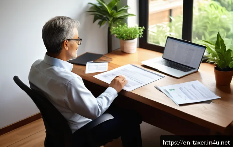 세무사와 세금 환급 서비스 - A cozy home office scene with a middle-aged self-employed professional organizing tax documents and ...