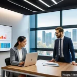 세무사와 IT 기술 적용 사례 - A modern tax advisor&rsquo;s office with a sleek, minimalist design featuring a large wall-mounted digital...