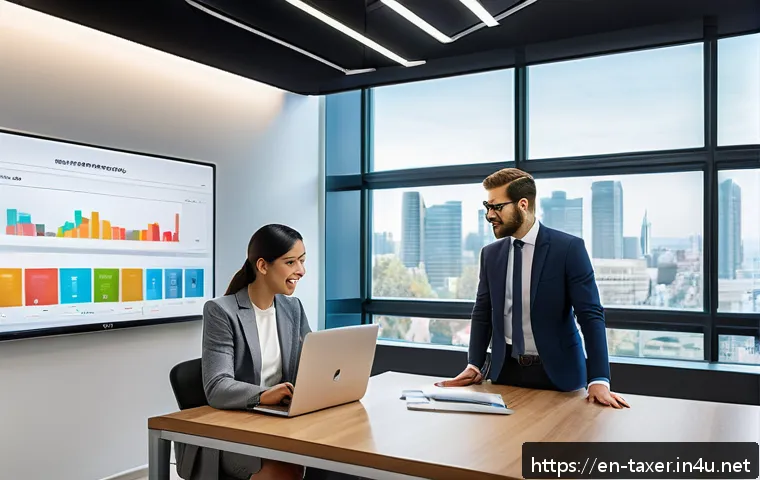 세무사와 IT 기술 적용 사례 - A modern tax advisor&rsquo;s office with a sleek, minimalist design featuring a large wall-mounted digital...
