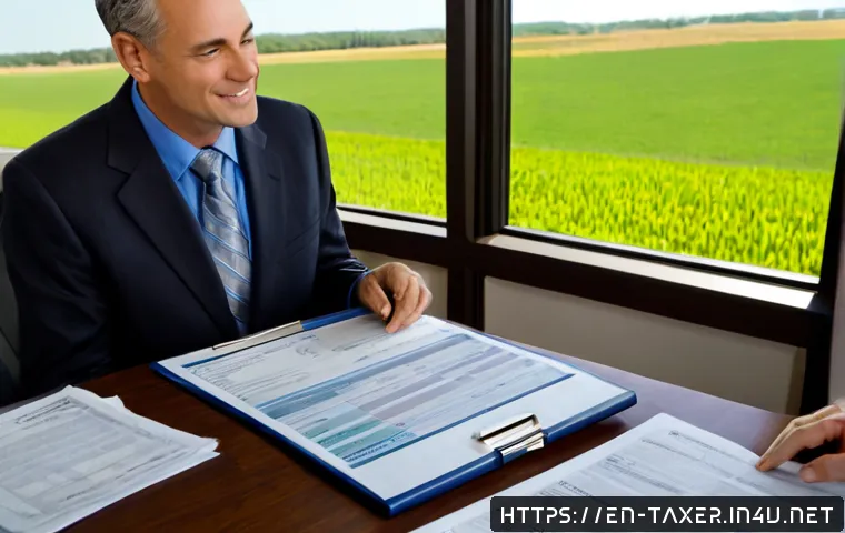 세무사와 농지 세금 신고 - Photorealistic tax consultation in a bright rural American accounting office, friendly certified tax...